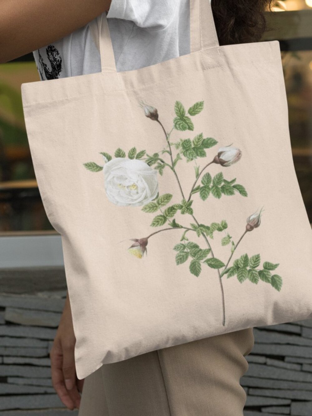 Silver-Flowered Hispid Rose Vintage Floral Print Graphic Canvas Tote Bag